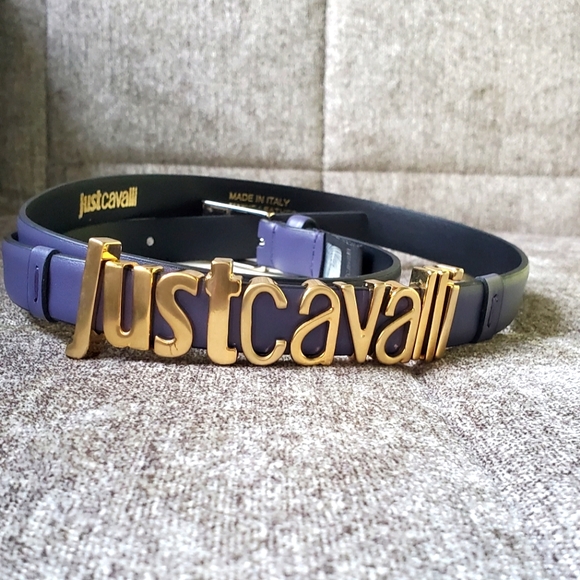 Just Cavalli Accessories - Just Cavalli Women's Purple Black Leather Belt with Logo "Just Cavalli" Size 90
